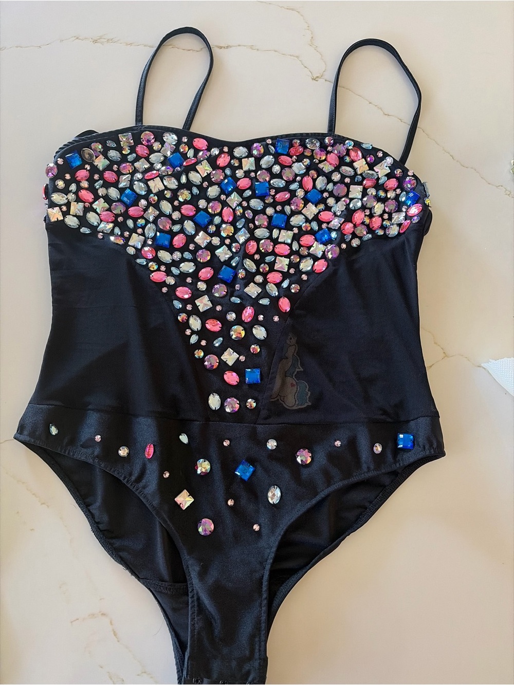 Black Jeweled One-Piece Swimsuit with Multicolor Gems